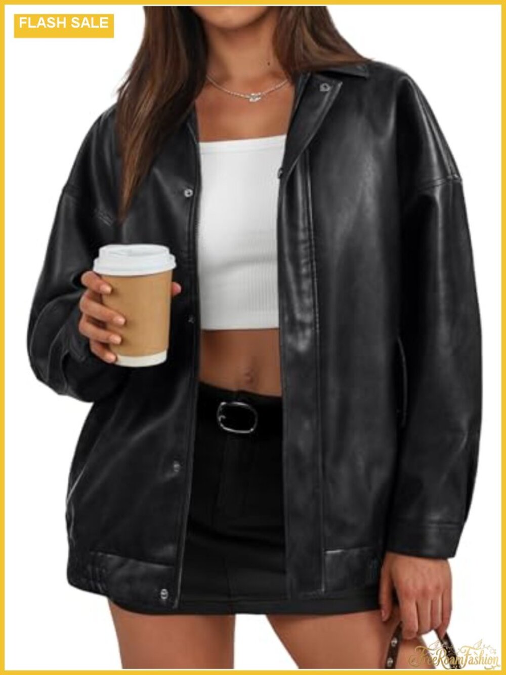Women Oversized Faux Leather Bomber Jacket Zip Moto Coat